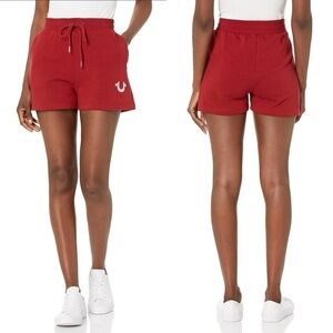 TRUE RELIGION RED DAHLIA HS FOIL LOGO FLEECE HIGH WAIST SWEAT SHORT
